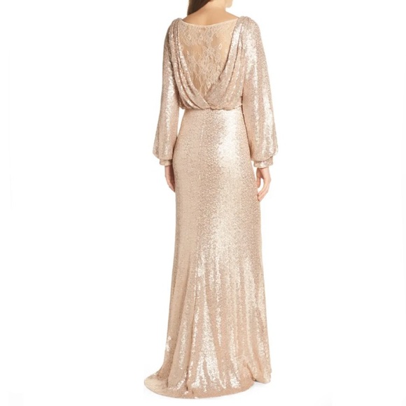 Tadashi Shoji Champagne Gold Sequin Long Sleeve Evening Dress Gown - Picture 8 of 15
